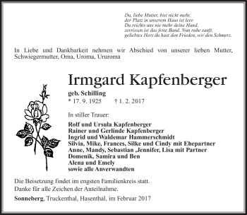 Traueranzeige von Irmgard Kapfenberger von Südthüringer Presse