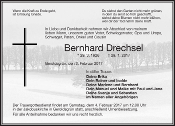 Traueranzeige von Bernhard Drechsel von Frankenpost