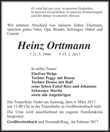 Traueranzeige von Heinz Orttmann von Südthüringer Presse