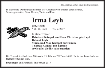 Traueranzeige von Irma Leyh von Südthüringer Presse