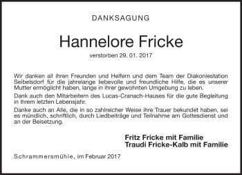 Traueranzeige von Hannelore Fricke von Neue Presse Coburg