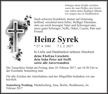 Traueranzeige von Heinz Syrek von Südthüringer Presse