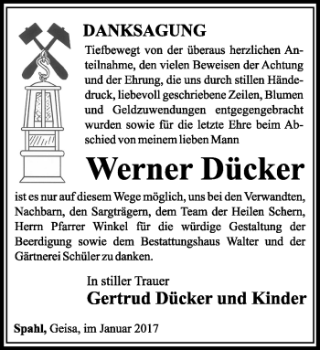 Traueranzeige von Werner Dücker von Südthüringer Presse