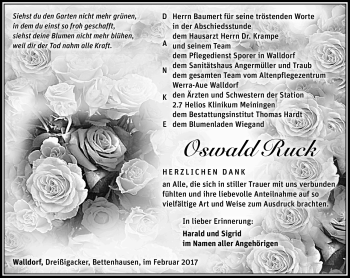 Traueranzeige von Oswald Ruck von Südthüringer Presse
