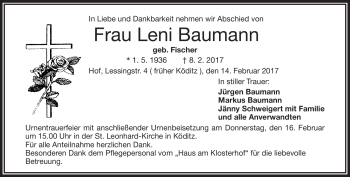 Traueranzeige von Leni Baumann von Frankenpost