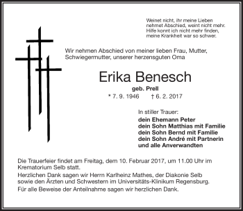 Traueranzeige von Erika Benesch von Frankenpost