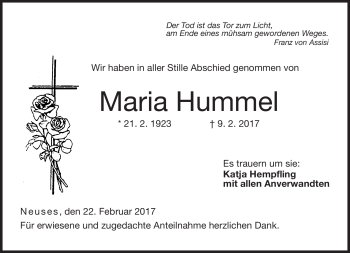 Traueranzeige von Maria Hummel von Neue Presse Coburg
