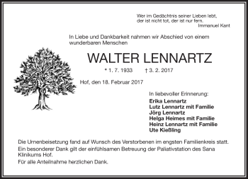 Traueranzeige von Walter Lennartz von Frankenpost