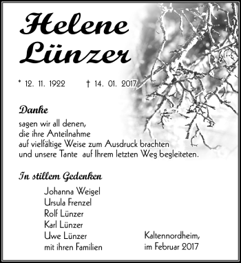 Traueranzeige von Helene Lünzer von Südthüringer Presse