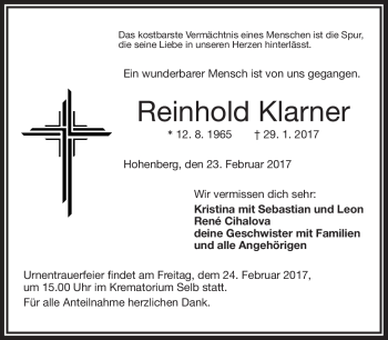 Traueranzeige von Reinhold Klarner von Frankenpost