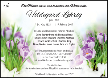 Traueranzeige von Hildegard Lehrig von Südthüringer Presse