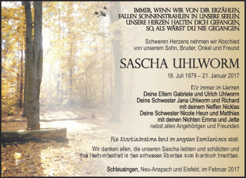 Traueranzeige von Sascha Uhlworm von Südthüringer Presse