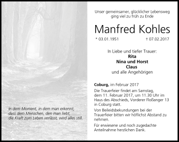 Traueranzeige von Manfred Kohles von Neue Presse Coburg