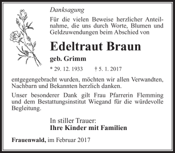 Traueranzeige von Edeltraud Braun von Südthüringer Presse