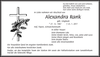 Traueranzeige von Alexandra Rank von Frankenpost