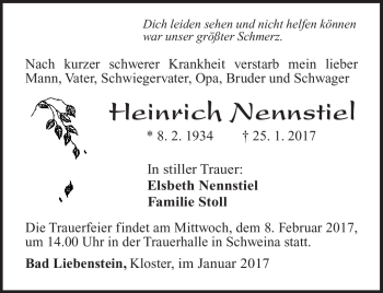 Traueranzeige von Heinrich Nennstiel von Südthüringer Presse