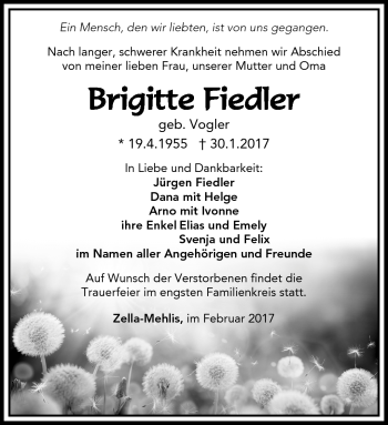 Traueranzeige von Brigitte Fiedler von Südthüringer Presse