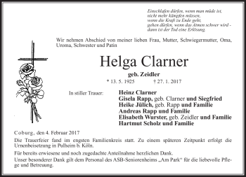 Traueranzeige von Helga Clarner von Neue Presse Coburg