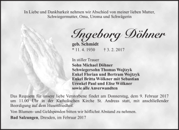 Traueranzeige von Ingeborg Döhner von Südthüringer Presse