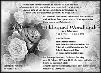Traueranzeige von Hildegard Wendlandt von Südthüringer Presse