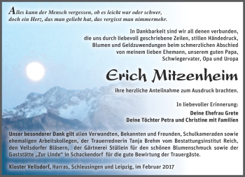 Traueranzeige von Erich Mitzenheim von Südthüringer Presse
