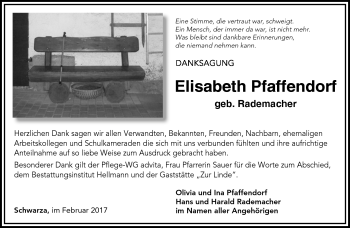 Traueranzeige von Elisabeth Pfaffendorf von Südthüringer Presse