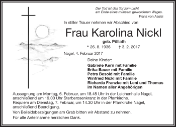 Traueranzeige von Karolina Nickl von Frankenpost