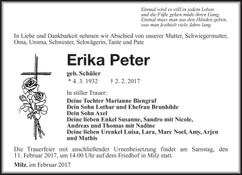 Traueranzeige von Erika Peter von Südthüringer Presse