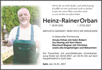 Traueranzeige von Heinz-Rainer Orban von Südthüringer Presse