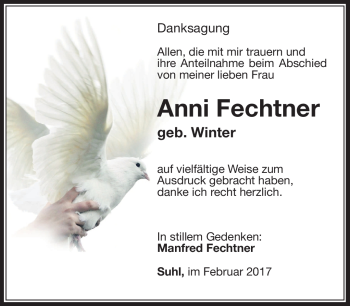 Traueranzeige von Anni Fechtner von Südthüringer Presse
