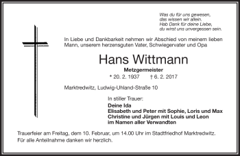 Traueranzeige von Hans Wittmann von Frankenpost