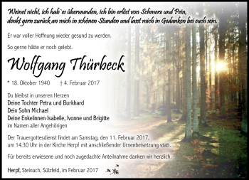 Traueranzeige von Wolfgang Thürbeck von Südthüringer Presse