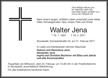 Traueranzeige von Walter Jena von Frankenpost