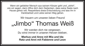 Traueranzeige von Thomas Weiß von Frankenpost