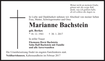 Traueranzeige von Marianne Bachstein von Südthüringer Presse