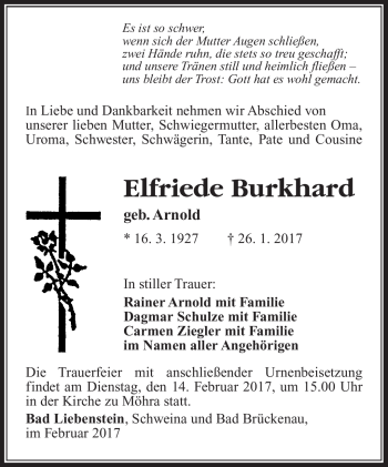 Traueranzeige von Elfriede Burkhard von Südthüringer Presse