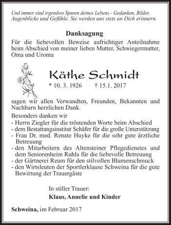 Traueranzeige von Käthe Schmidt von Südthüringer Presse