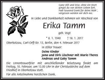 Traueranzeige von Erika Tamm von Frankenpost