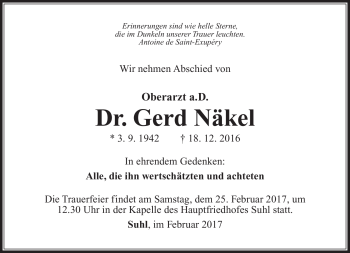 Traueranzeige von Gerd Näkel von Südthüringer Presse