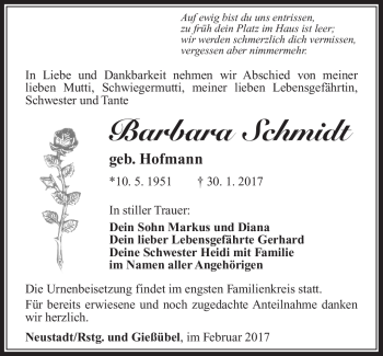 Traueranzeige von Barbara Schmidt von Südthüringer Presse
