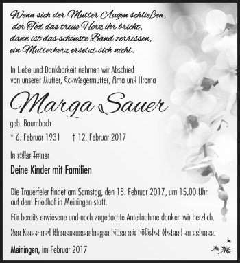 Traueranzeige von Marga Sauer von Südthüringer Presse