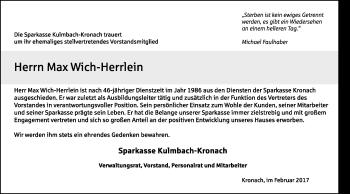 Traueranzeige von Wich-Herrlein Max von Frankenpost