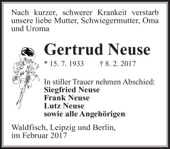 Traueranzeige von Gertrud Neuse von Südthüringer Presse