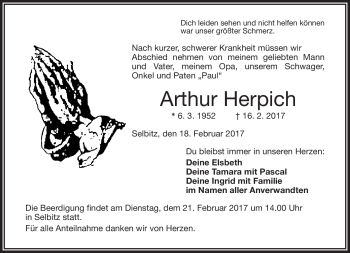 Traueranzeige von Arthur Herpich von Frankenpost