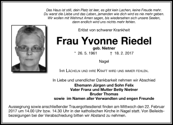 Traueranzeige von Riedel Yvonne von Frankenpost