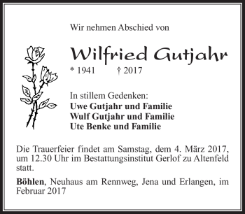 Traueranzeige von Wilfried Gutjahr von Südthüringer Presse