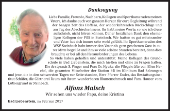 Traueranzeige von Alfons Malsch von Südthüringer Presse