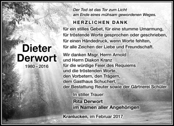 Traueranzeige von Dieter Derwort von Südthüringer Presse