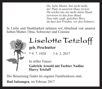Traueranzeige von Lieselotte Tetzlaff von Südthüringer Presse