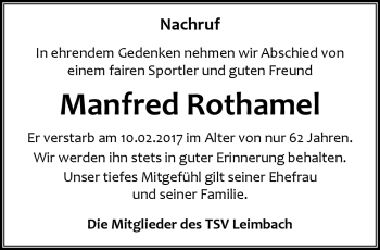 Traueranzeige von Manfred Rothamel von Südthüringer Presse